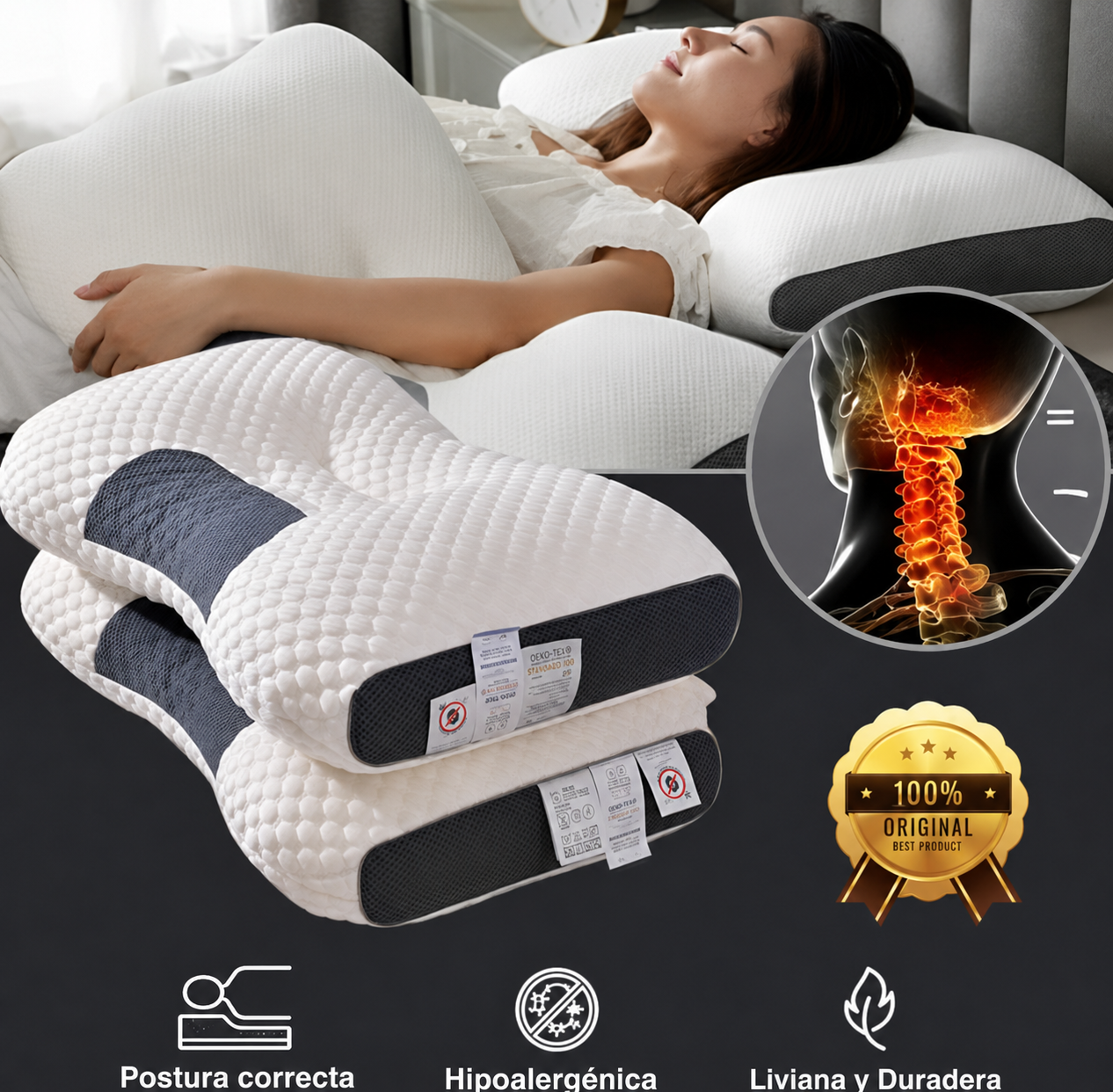 Almohada CerviLux™ Redescubre el placer de un descanso profundo y despertares sin dolor.