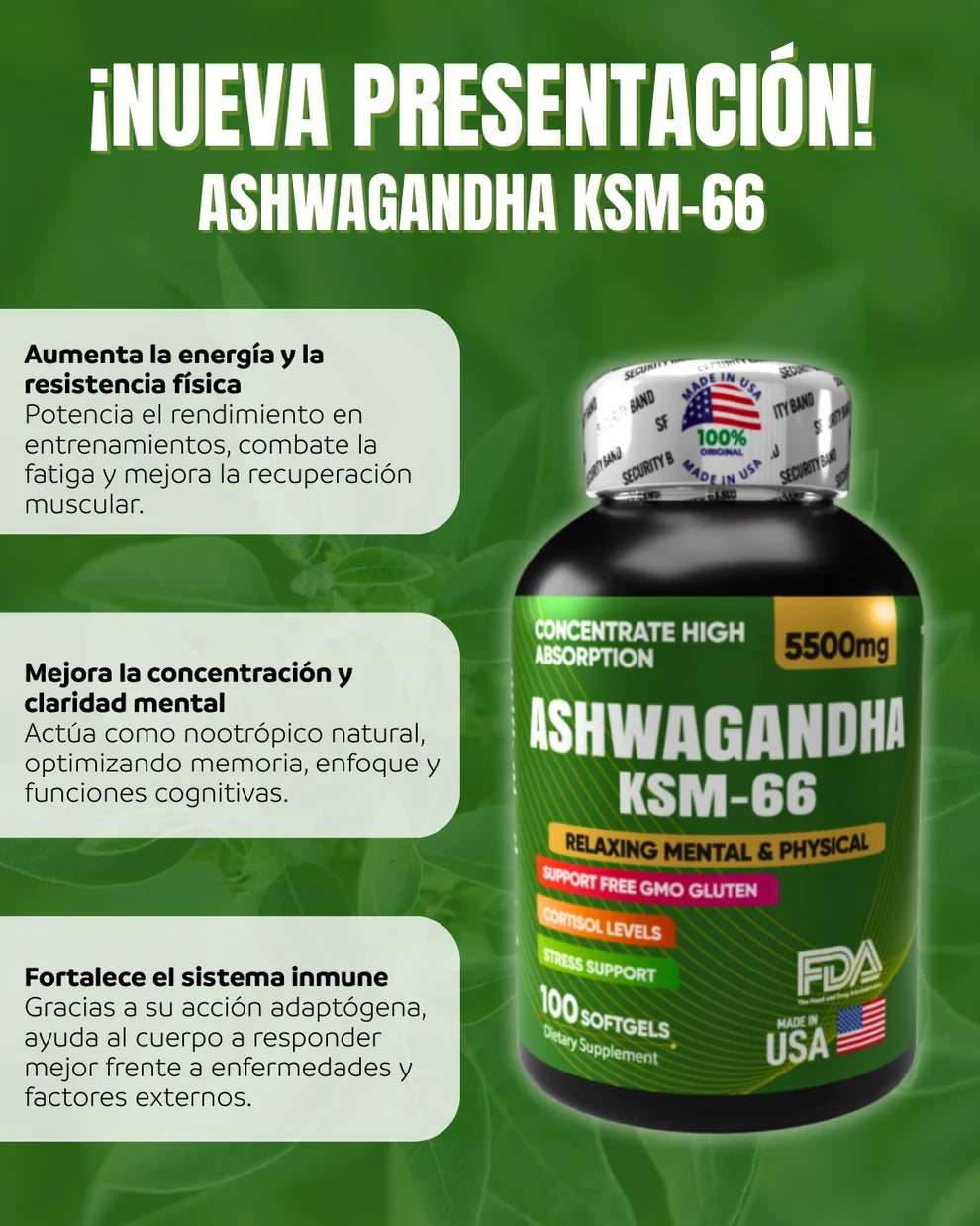 ASHWAGANDHA KSM 66 AMERICANO 5500 mg | 100 Cápsulas 100% original - Envío Gratis 💵 ¡Pago Contra Entrega